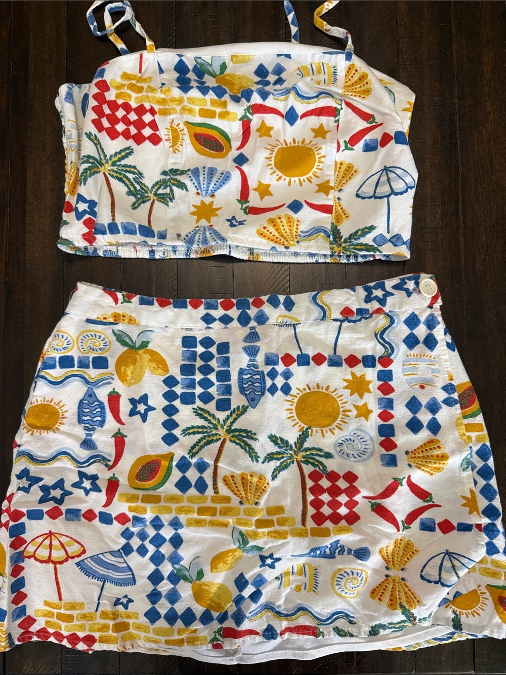 Two-Piece Tropical Print Crop Top & Mini Skirt Set - White Multi